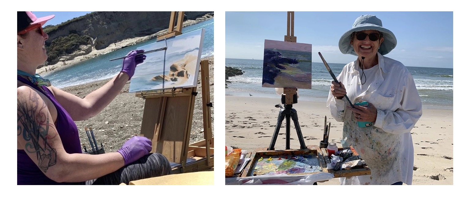 Women artists painting on a Sicilian beach at sunset
