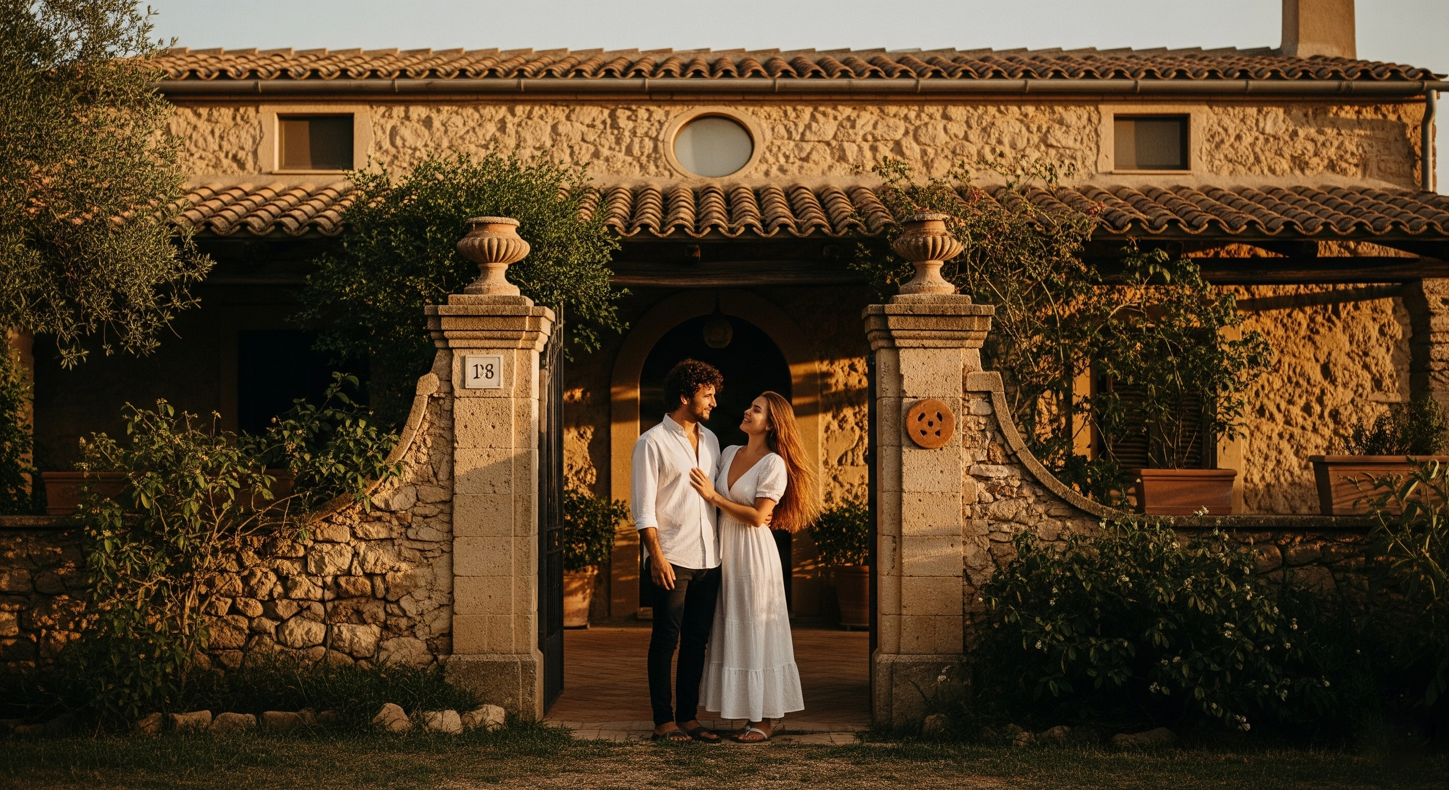 Couple enjoying rural estate house in Sicily